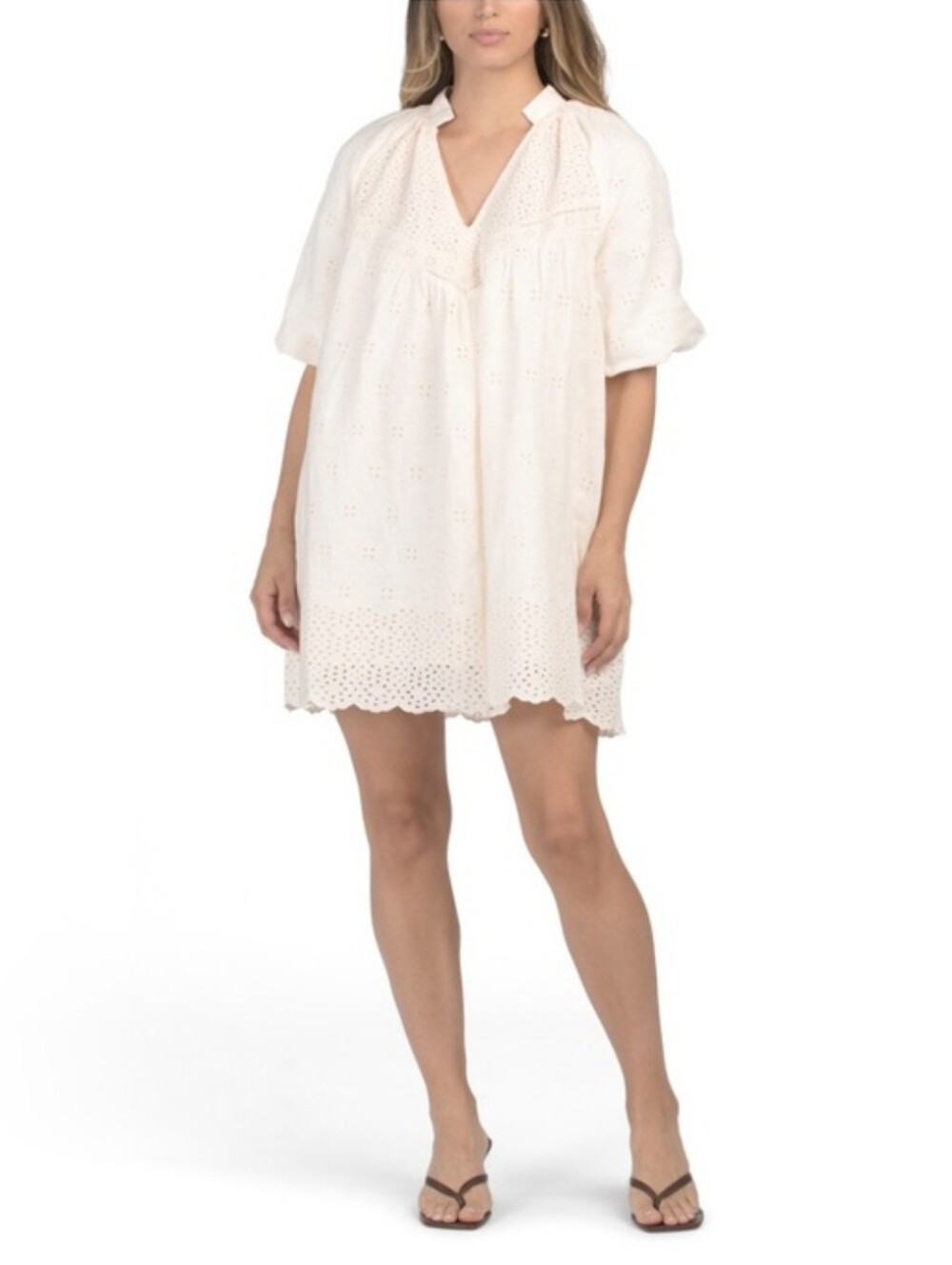 Magaschoni Cream Eyelet V-Neck Mini Dress S